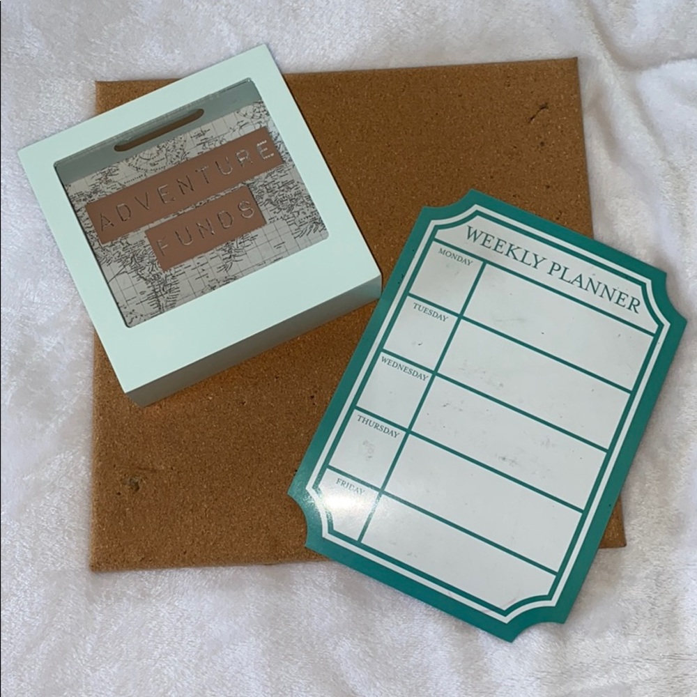 Coin “jar”, weekly white board, and cork board